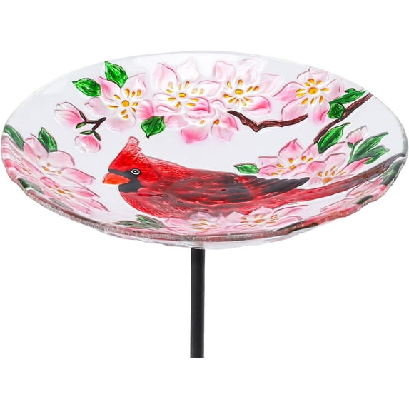 Glass Bird Baths For Outdoors - Cardinal And Flower  Bird Water Bowl Birdfeeders Stake For Outside, Garden, Lawn Yard Decor
