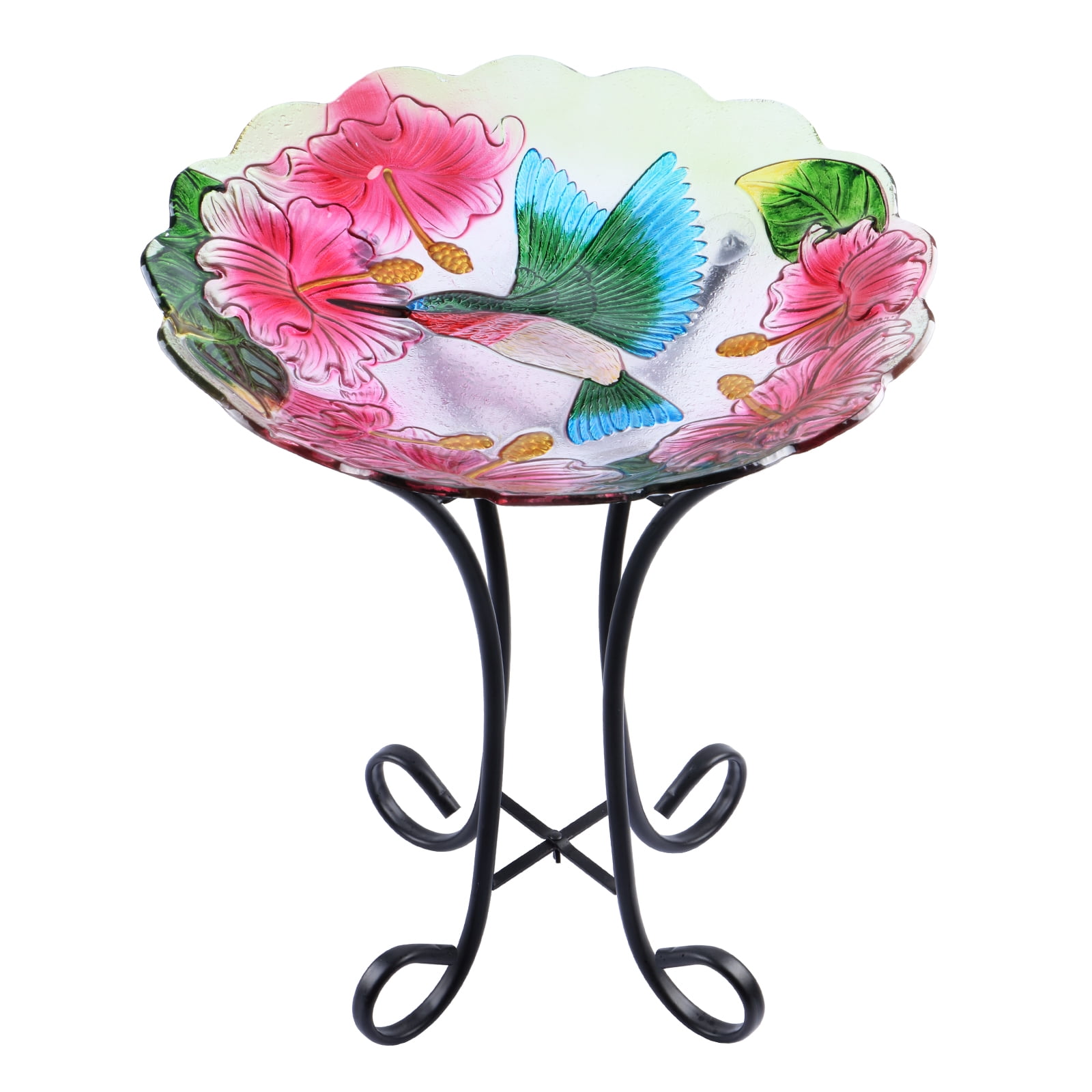 Glass Bird bath with Metal Stand for Garden, Bird Feeder 18 inch Bowl Pink Bird Bath Yard Lawn