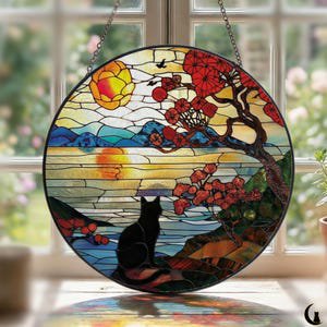 Glass Black Cat Suncatcher – Sunset Lake Landscape with Red Blossoms, 3.5 in