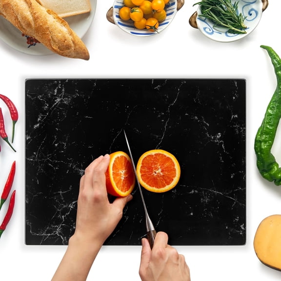 Glass Board 16"x12": Tempered Glass Kitchen Counter Protector - Durable- Scratch-Resistant, Heat-Proof - Design 1 - Black Marble Effect