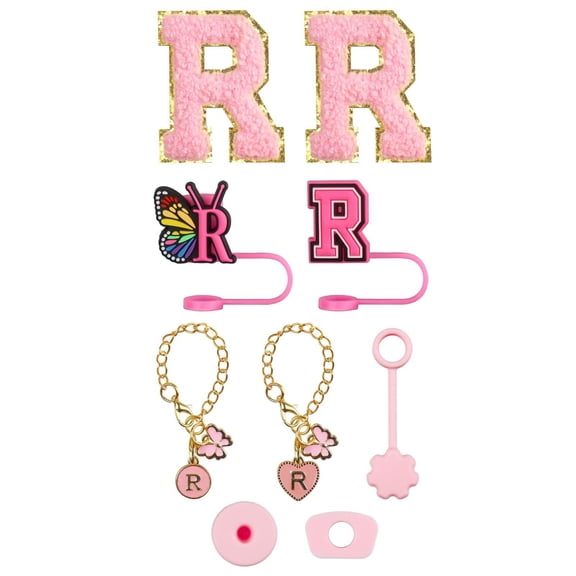 Glass&Bottle Accessory Set for Cups — Decorative Upgrade Kit with Embroidery Patch Straw Covers Charm Necklace Chain & Leak Guard Accessories, 0.4 inch, R