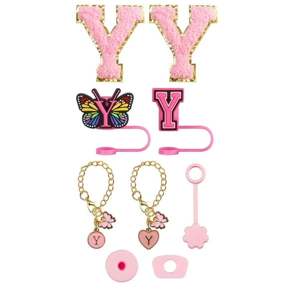 Glass&Bottle Accessory Set for Drinkware Upgrade with Embroidery Patch Straw Covers Charm Necklace Chain Leak Guard and Complete Decorative Kit, 0.4 inch, Color Y