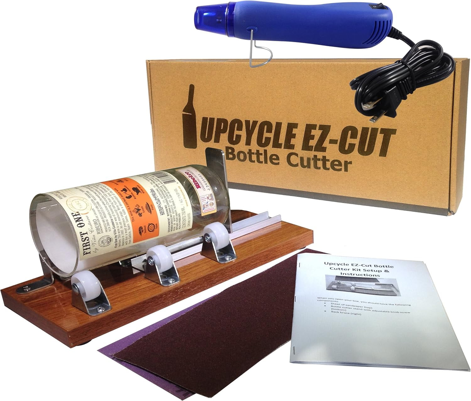 Glass Bottle Cutter (Deluxe) Kit, Upcycle EZ-Cut: Beer & Wine Bottle Cutting + Edge Sanding Paper & Heat Tool