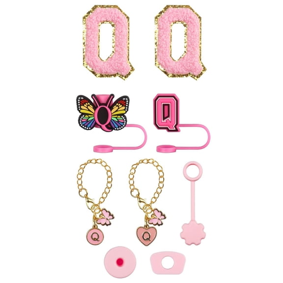 Glass & Bottle Drinkware Accessory Set Embroidery Patch Straw Covers Charm Necklace Chain Leak Guard Accessories for Cups Complete Decorative Upgrade Kit, 0.4 inch, Q
