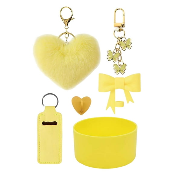 Glass & Bottle Hairball Pendant Silicone Cup Set with Bow Straw and Stuffed Heart Key Chain for Couples