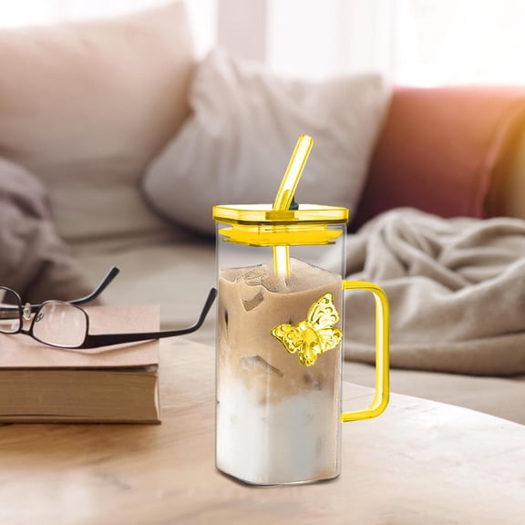 Glass & Bottle Heat Straw Glass Cup 350ML for Beverages - Modern Glass Drinking with Lid Suitable for Coffee Milk Juice and Cold Drinks, 18 cmx6 cm, Yellow