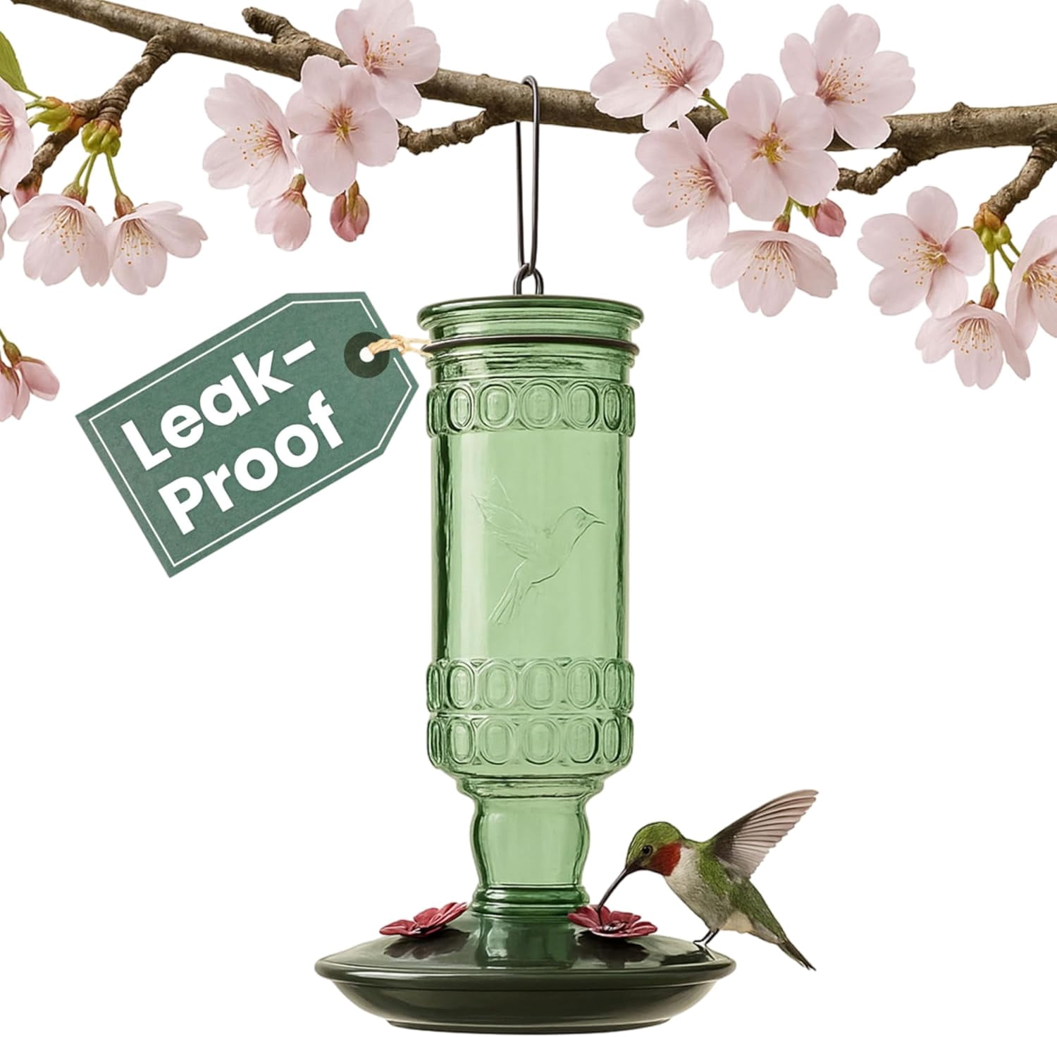 Glass Bottle Hummingbird Feeder - Outdoor Garden Décor Humming bird Feeder, 8108-1SR - 10 Fl Oz Nectar Capacity - Durable Green Antique Design - Hang from Tree, Porch, Deck, Hook
