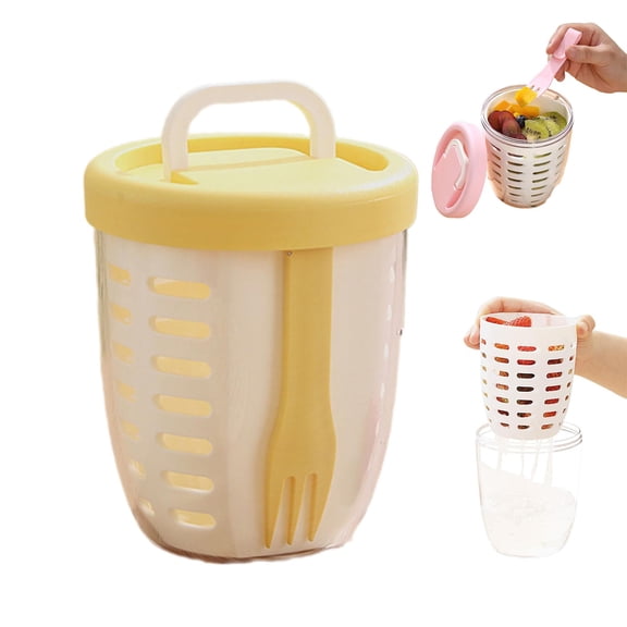 Glass&Bottle Kitchen Storage Cup with Foldable Handle Lids Fork Drain Reusable Leakproof Food Containers with Removable Colander for Fresh Fruit and Storage for Home Party Camping