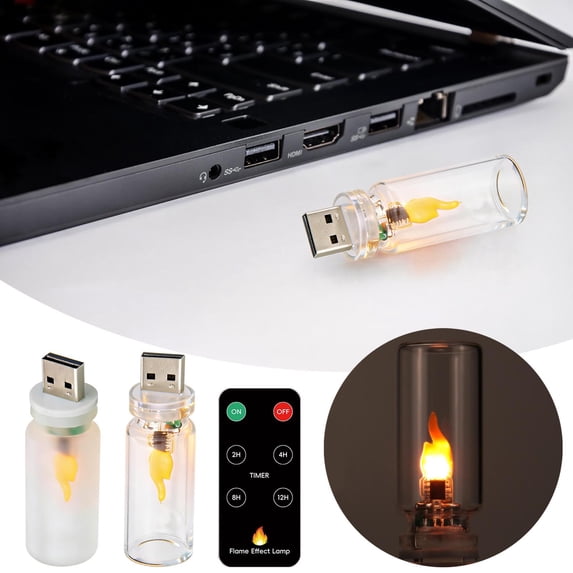 Glass Bottle Simulated Flame Ambient Light - USB Powered Flame Candle Night Light with Remote Control, Realistic Flame Glow Lamp, Decorative Tabletop Light for Home Bedroom Living Room, 2.5*1in, A