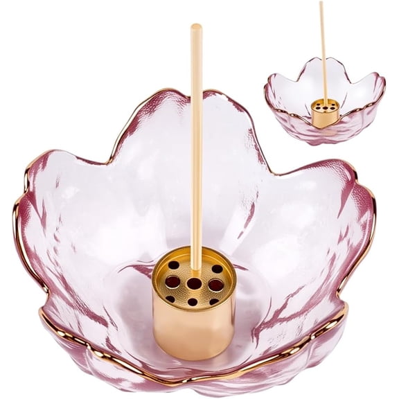 Glass Bowl Incense Holder Incense Ash Catcher Golden Edge Flower Blossom Glass Dipping Dish 9 Hole Column Brass Holder Ash Burner