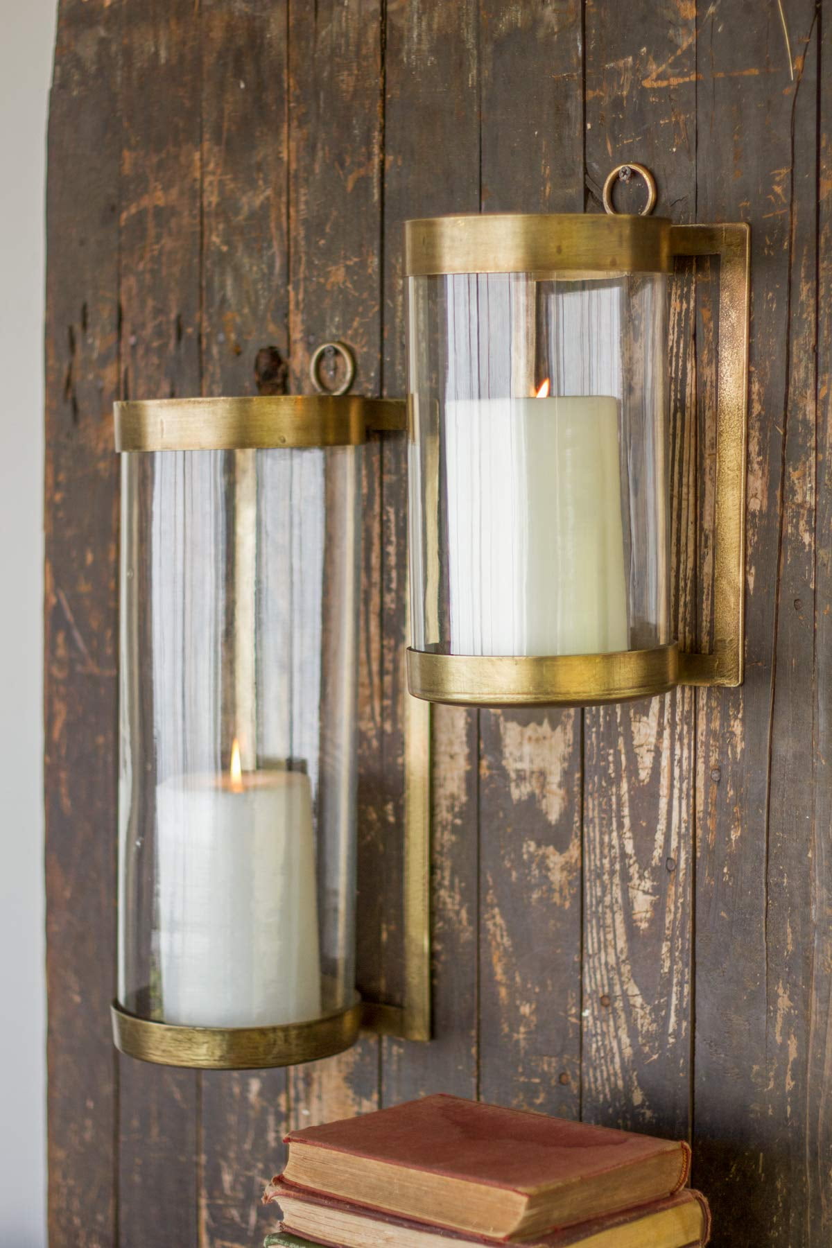 Antique Brass Finish Large Wall-Mounted Glass Hurricane