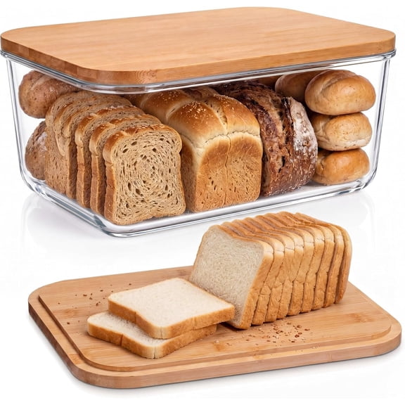 Glass Bread Box with Board for Kitchen Countertop Large Bread Storage Container with Lid Modern Kitchen Organizer for Sourdough Bun Loaf Bagel Storage with Board Lid
