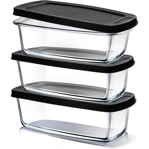 Glass Bread Pans for Homemade Bread Baking, 1.9 Quart Deep Rectangular Glass Food Storage Containers with Lids, 3 Bread Loaf Pans 3 Airtight Lids Black BPA Free Microwave Oven & Freezer Safe