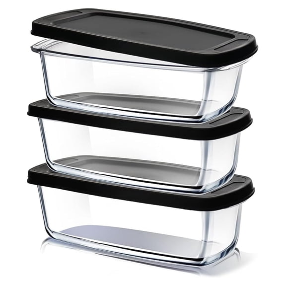 Glass Bread Pans for Homemade Bread Baking, 1.9 Quart Deep Rectangular Glass Food Storage Containers with Lids, 3 Bread Loaf Pans 3 Airtight Lids Black BPA Free Microwave Oven & Freezer Safe