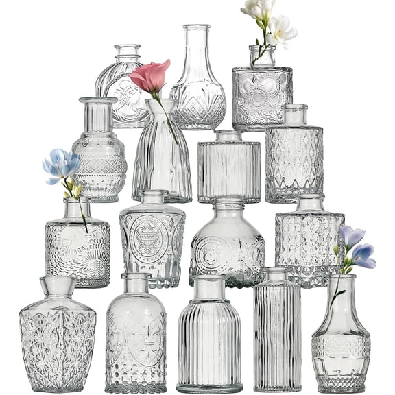 Glass Bud Vase Set of 16 Pcs Small Minimalist Vases for Flowers, Vintage Rustic Home Decor for Table Centerpiece Wedding Party, Modern Clear Aromatherapy Bottle for Living Room Bedroom