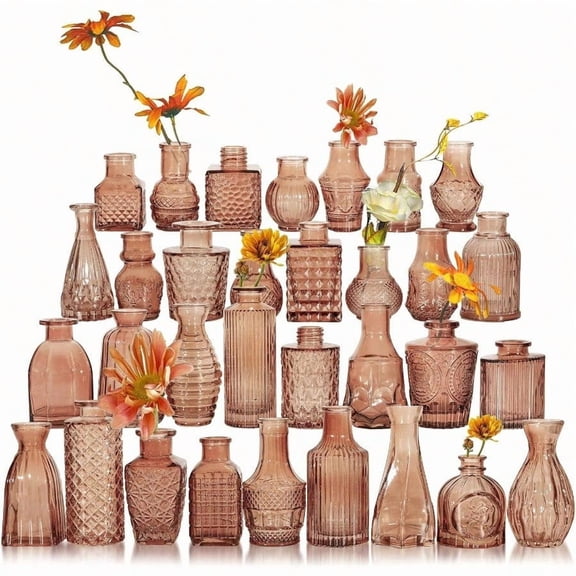 Glass Bud Vase Set Of 32 Pcs Small Glass Vases For Flowers Amber Bud Vases In Bulk Vintage Vases For Wedding Centerpieces Wedding Decorations Home Table Flower Decor