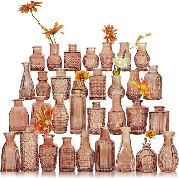 Glass Bud Vase Set of 32 Pcs, Small Glass Vases for Flowers, Amber Bud Vases in Bulk, Vintage Vases for Wedding Centerpieces, Wedding Drations, Home Table Flower Dr
