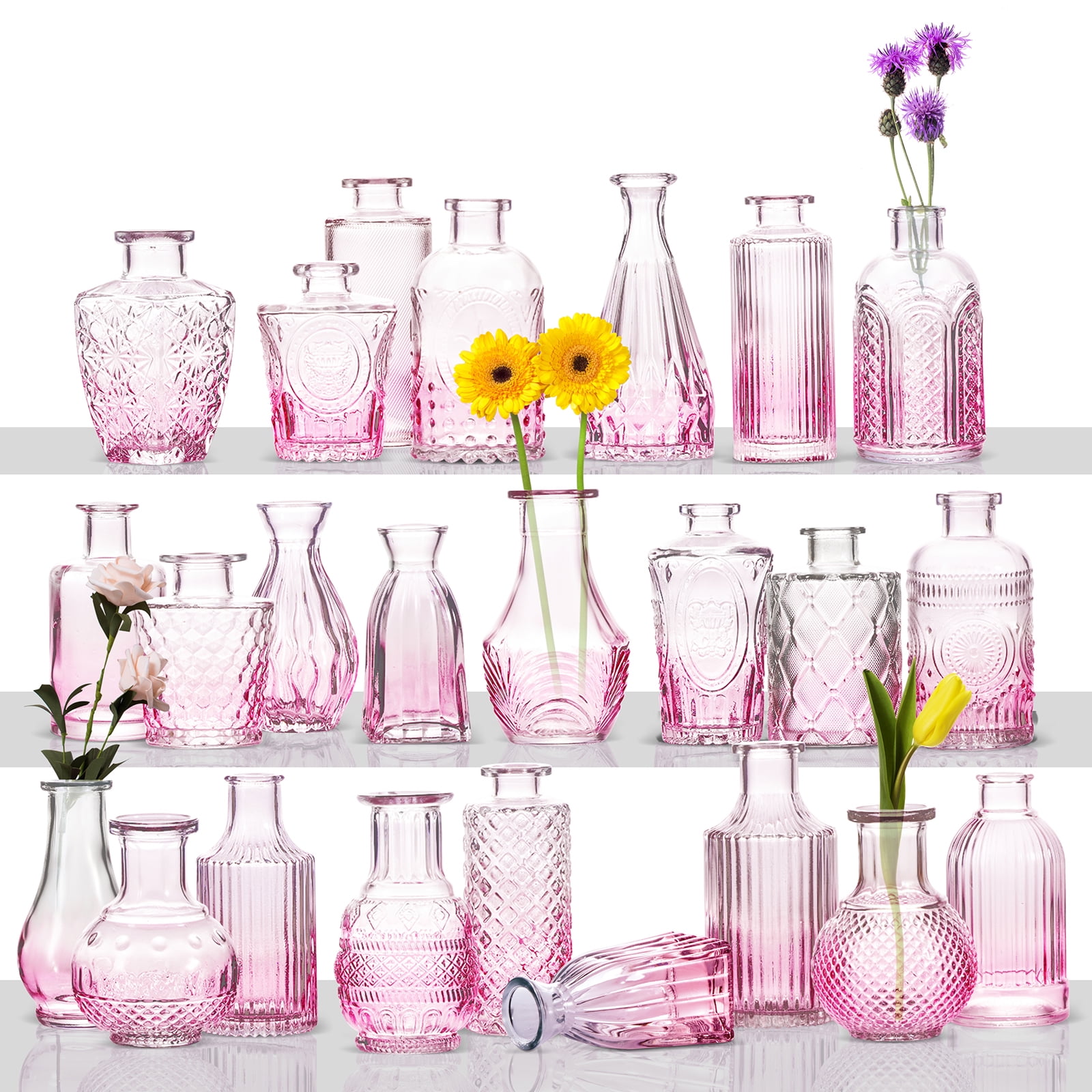 24Pcs Pink Glass Bud Vases Set for Table Arrangements, Centerpiece