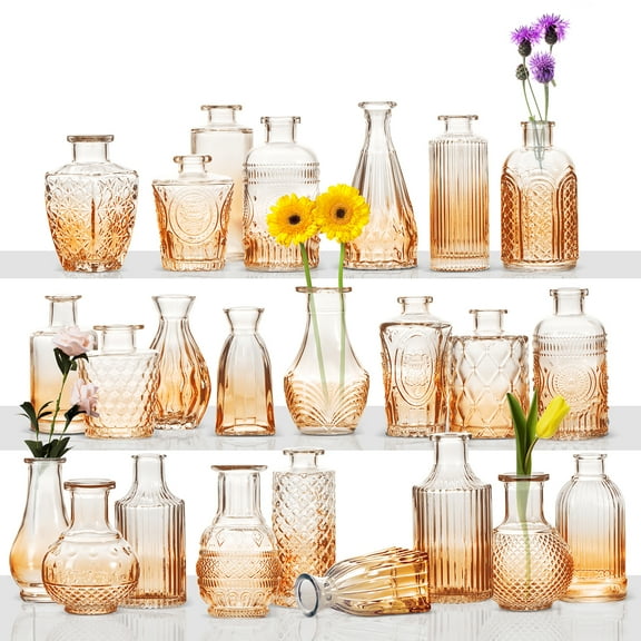 Glass Bud Vases Set, 24Pcs Small Vases for Flowers Arrangements, Cute Flower Vase in Bulk for Centerpiece Table Decorations, Entryways, Floral Rustic Wedding Party Decorations,Amber