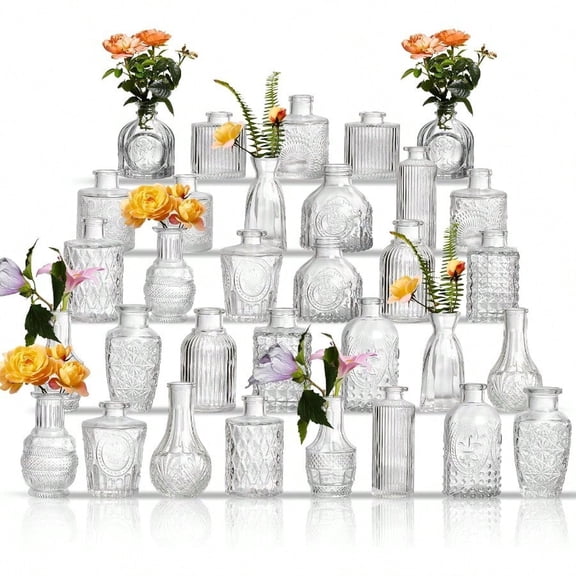 Glass Bud Vases Set of 32 - Assorted Small Mini Glass Vases for Flowers Crystal Vintage Vase Set Bulk Centerpieces for Table Decor Wedding Home and Events Clear 32 Pcs