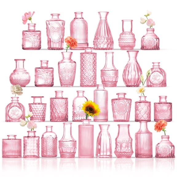 Glass Bud Vases Set of 36, Pink Vases for Centerpieces, Small Glass Vase for Flowers, Vintage Bud Vase in Bulk for Wedding, Party, Events, Reception, Home Decor