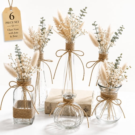 Glass Bud Vases Set of 6 for Flowers, Clear Small Vases with Jute Rope, Rustic Farmhouse Boho Decor, Mini Flower Vase Set for Wedding Centerpieces, Dining Table, Shelf & Home Decor (6, Clear)