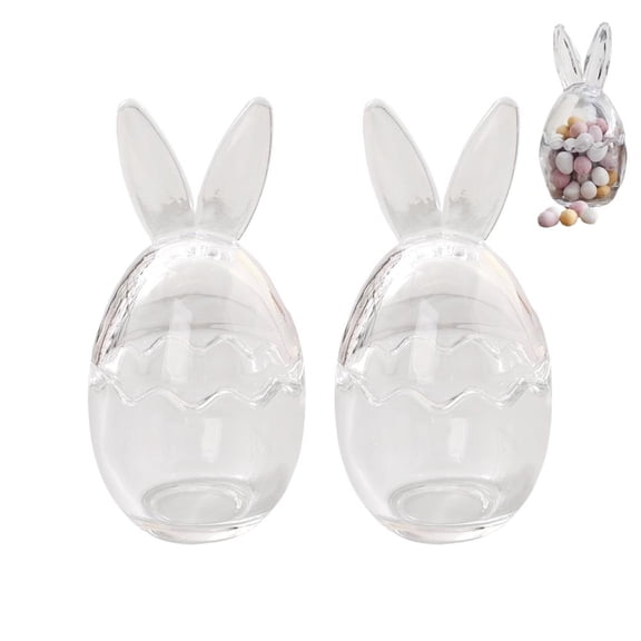 Glass Bunny Candy Jar with Ears & Cracked Egg Lid, 17cm Clear Easter Treat Container for Mini Eggs, Cookies & Candy, Spring Kitchen Decor & Gift (2 Pcs)