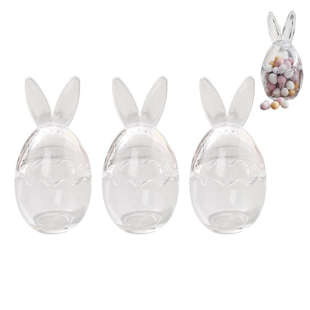 Glass Bunny Candy Jar with Ears & Cracked Egg Lid, 17cm Clear Easter Treat Container for Mini Eggs, Cookies & Candy, Spring Kitchen Decor & Gift (3 Pcs)