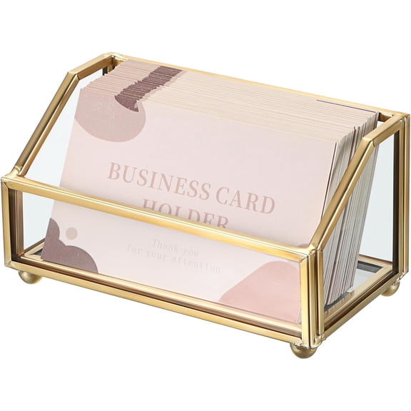Glass Business Card Holder Stand, Gold Metal Frame Name Card Display Organizer, Office Desktop Countertop Business Cards Storage Holder, Fits 80-100 Business Cards