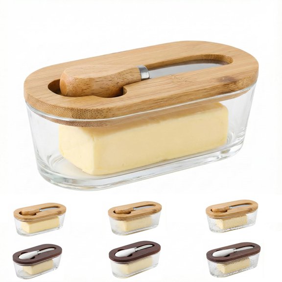 Glass Butter Dish with Bamboo Lid and Spreader Knife, Airtight Keeper for Countertop & Fridge, Clear Container for Cheese & Spreads, Fits East/West Coast Butter Sticks