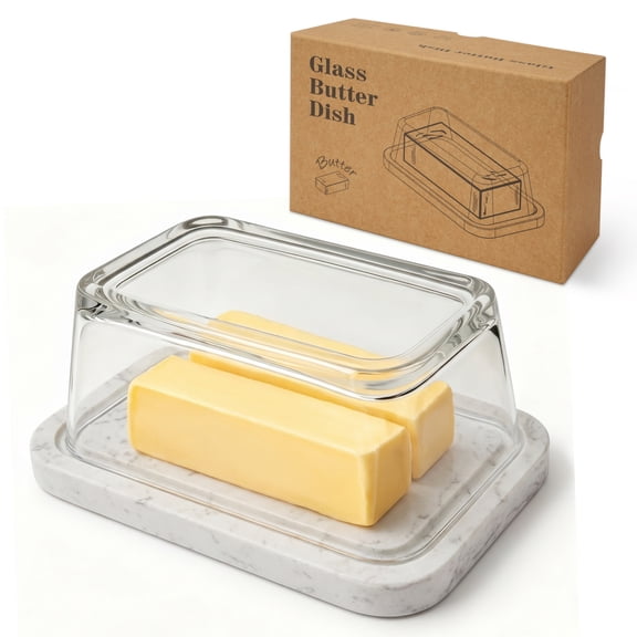 Glass Butter Dish with Lid, Butter Container for Counter top, Butter Keeper for Kitchen Storage, Fits East & West Coast Butter, Marble Base