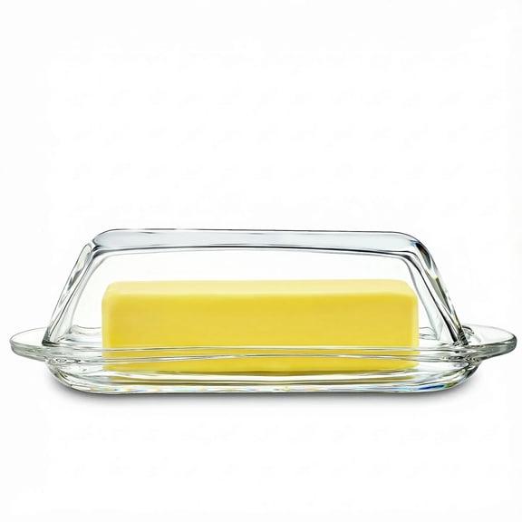 Glass Butter Dish with Lid for Kitchen Countertop, Elegant Clear Crystal Glass Butter Keeper Holds 1 Stick of Butter, Dishwasher Safe