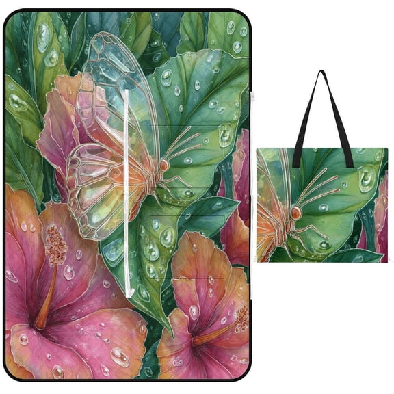 Glass Butterfly Hibiscus Dewy Leaves Art Waterproof Picnic Blanket with Foldable Zipper, Suitable for Outdoor Use, Suitable for Travel, Camping, Beaches, Parks, Grasslands, Picnic Blanket Accessories