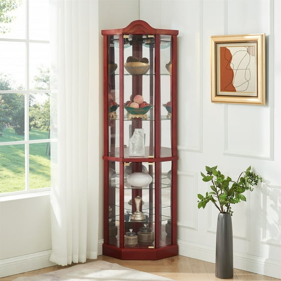 Glass Cabinet Lighted Corner Cabinet Corner Display Curio Cabinet, Glass Display With Light(Included)Bar Cabinet, Wine Cabinet with Adjustable Glass Shelves Carved Decoration for Living Room & Bedroom
