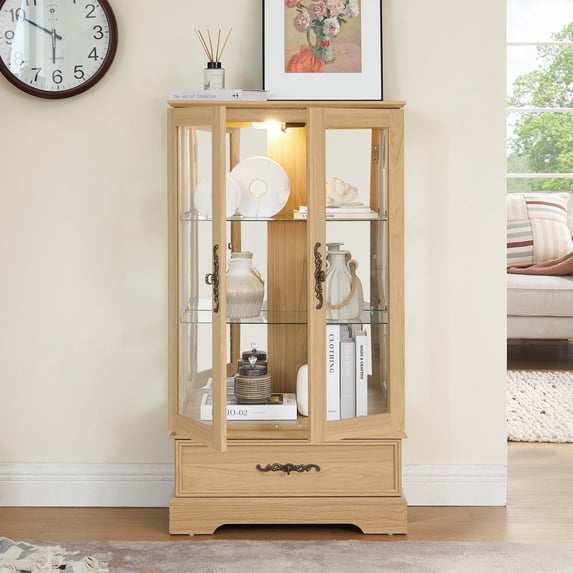 Glass Cabinet Lighted Glass Cabinet Curio Display Cabinet with Adjustable Glass Shelves 2 Doors and 1 drawer Cabinet Bulb Included