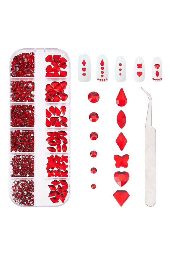 Glass Cabochon Nail Art Decoration Accessories with Stainless Steel Manicure Nail Tweezer Red Glass Cabochon: 810pcs/box 1 box