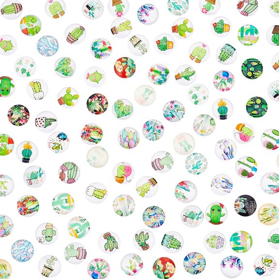 Glass Cabochons Half Round/Dome Cactus Pattern 12x4.8mm about 100pcs/bag 1 bag/box