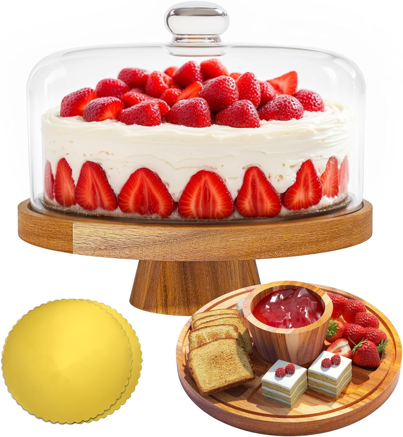Glass Cake Stand with Dome Lid - 12" Acacia Wood Cake Plate with Lid ...