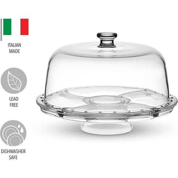 Glass Cake Stand with Dome Lid - 6-in-1 Multi-Purpose Serving Platter for Weddings, Parties, and Home Decor