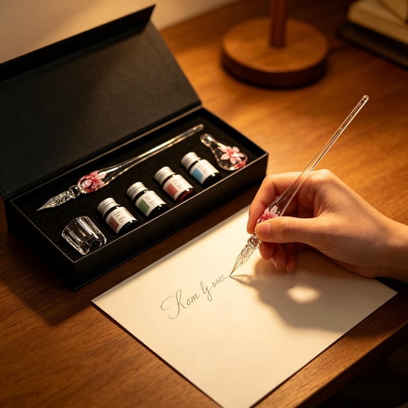 Glass Calligraphy Pen Set with Ink Glass Pink Sakura Dip Pen, Pen Holder, Cleaning Cup and 4Pcs 7ml Inks for Art, Writing, Signatures, Calligraphy, Gift Cards, Poster Cards, Decoration