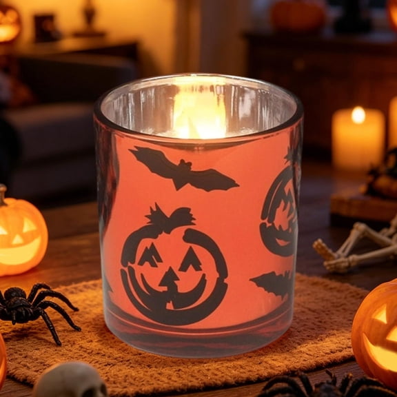 Glass Candle Cup With Halloween Pumpkin And Bats Design Orange 200ml 1 Count