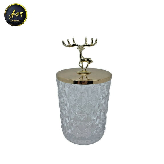 Glass Candle Holder Jar with Gold Metal Deer Head Lid