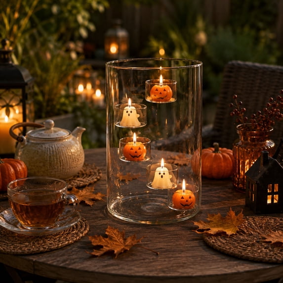Glass Candle Holder Multi-Tier Floating Tealight Candle Stand Clear Windproof Cylinder Candle Vase with Small Candle Cups Halloween Table Centerpiece Decor For Halloween Thanksgiving Dinner Party