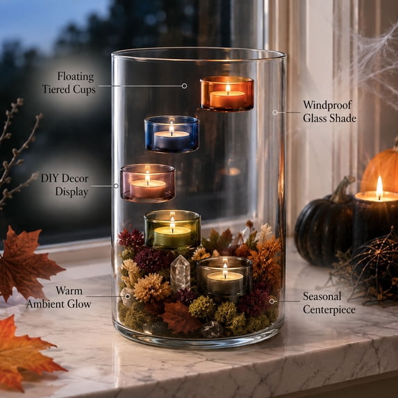 Glass Candle Holder Multi-Tier Floating Tealight Candle Stand Clear Windproof Cylinder Candle Vase with Small Candle Cups Halloween Table Centerpiece Decor For Halloween Thanksgiving Dinner Party