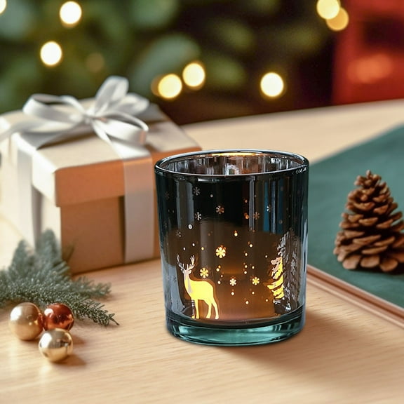 Glass Candle Holder Reindeer Decorative Candle Cup Holders - Decorative Votive Tealight Glass Cup for Christmas, Winter Home Decor, Holiday Centerpiece