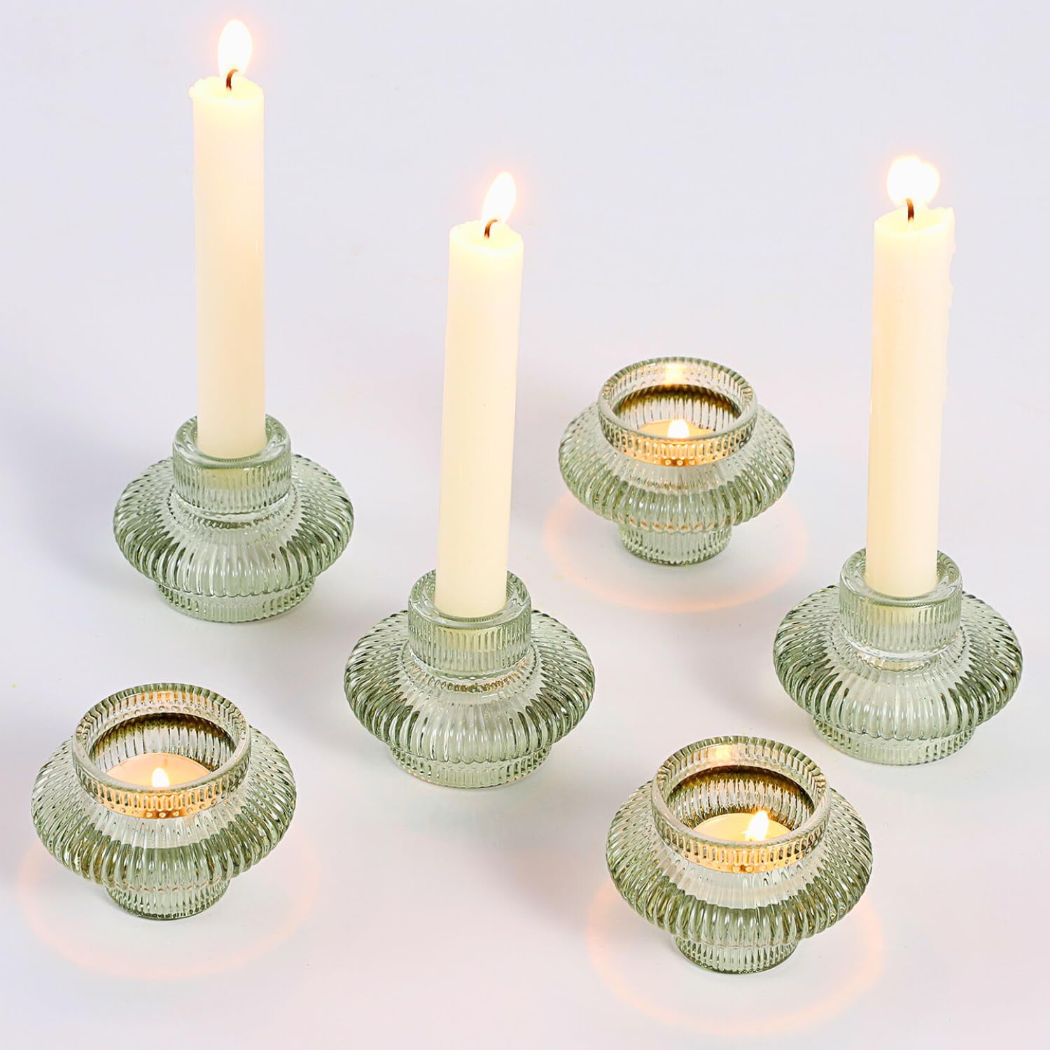 Glass Candle Holders, Set of 6 Taper Candle Holders, Tea Light Candle