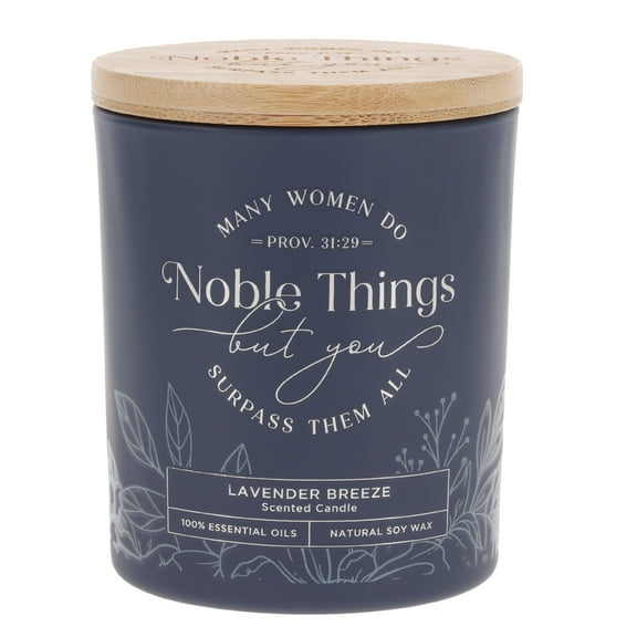 Christian Art Gifts Natural Soy Wax Scented Candle: Women Do Noble Things Encouraging Bible Verse, Blue Floral Glass Jar, Engraved Bamboo Lid, All Natural Pure Essential Oils, Lavender Breeze Scent