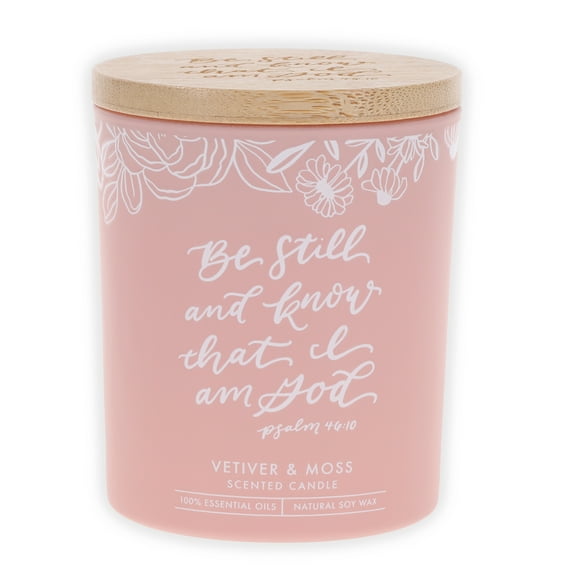 Christian Art Gifts All Natural Soy Wax Scented Candle for Women: Be Still & Know Encouraging Bible Verse, Pink Floral Glass Jar, Engraved Bamboo Lid, Pure Essential Oils, Vetiver & Moss Scent