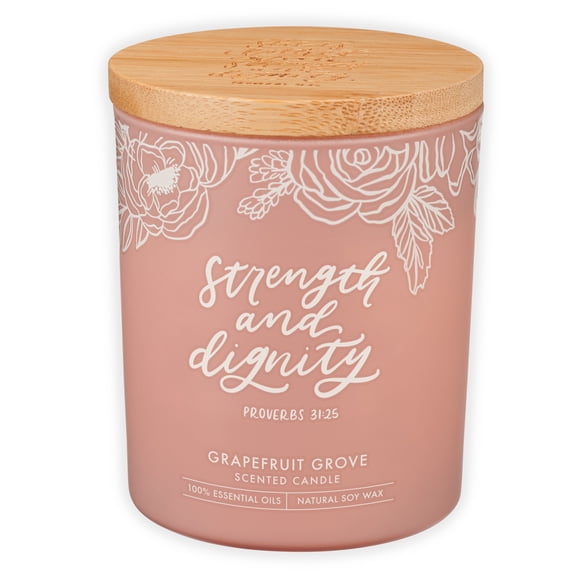 Christian Art Gifts All Natural Soy Wax Scented Candle for Women: Strength & Dignity Encouraging Bible Verse, Pastel Pink Floral Glass Jar, Engraved Bamboo Lid, Pure Essential Oils, Grapefruit Grove