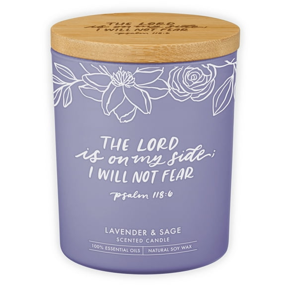 Christian Art Gifts All Natural Soy Wax Scented Candle for Women: I Will Not Fear Encouraging Bible Verse, Light Purple Floral Glass Jar, Engraved Bamboo Lid, Pure Essential Oils, Lavender & Sage